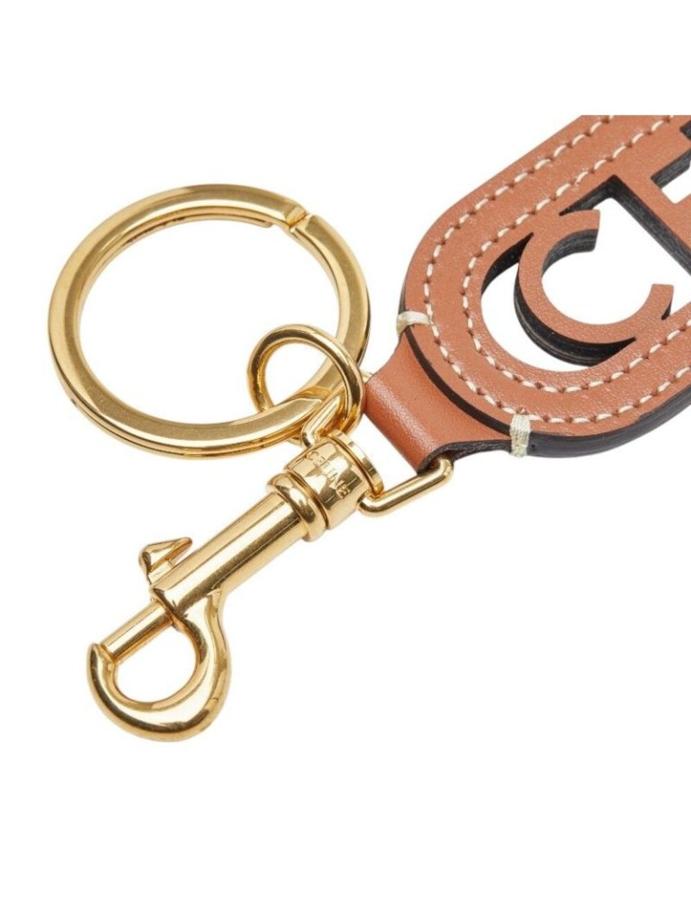 Celine Perforated Key Ring Key Holder Charm Brown Gold Smooth Scarf Skin - Picture 3 of 5